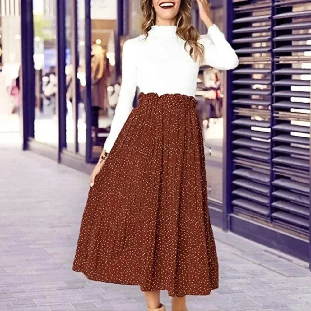 EXLURA COTTAGECORE BROWN & WHITE PLEATED POLKA DOT SKIRT
